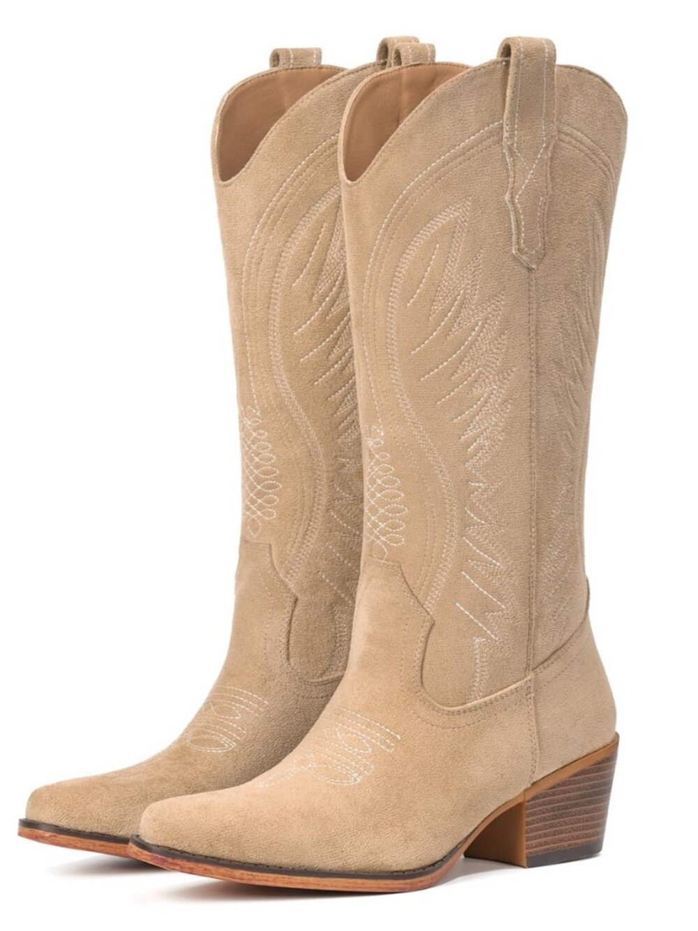 Suede Cowboy Boots for Women Mid-Calf Embroidery Cowgirl Boots Retro Snip Toe